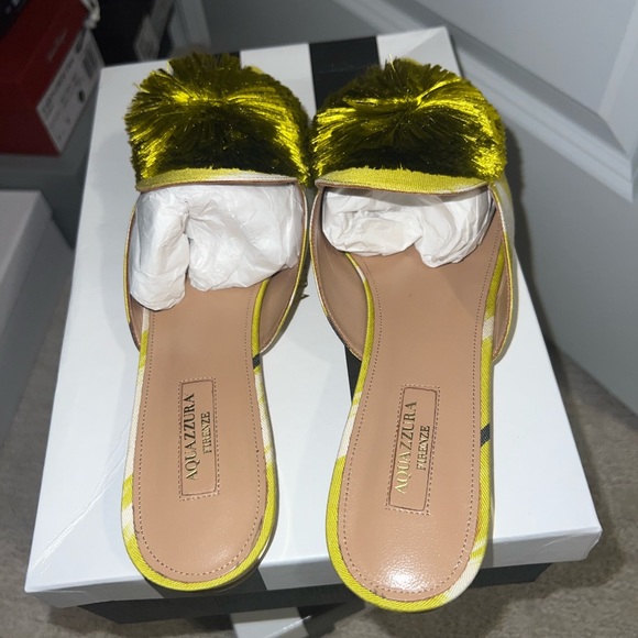 Size 41 - Aquazzura Powder Puff Pompom Lime Green/Yellow Mules - Picture 14 of 16